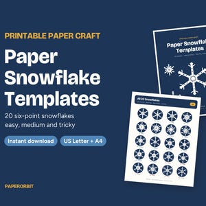 May include: Printable paper craft set featuring Paper Snowflake Templates with 20 six-point snowflake designs in easy, medium, and tricky levels. Includes US Letter and A4 formats. The text reads Paper Snowflake Templates and PAPERORBIT.