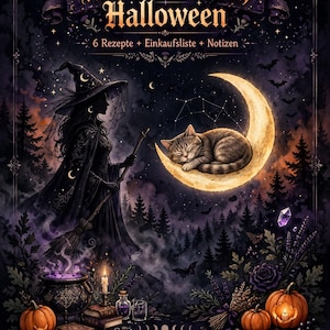 Könnte beinhalten: Ein Buchcover mit dem Titel Hexen Backbuch Halloween, das eine Hexe mit Besen, eine auf einer Mondsichel schlafende Katze, Kürbisse, einen Kessel und Bücher zeigt. Der Text lautet Hexen Backbuch Halloween, 6 Rezepte + Einkaufsliste + Notizen.