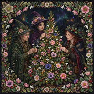 Könnte beinhalten: Drei Personen mit spitzen Hüten und dunklen Umhängen schmücken einen Weihnachtsbaum mit rosa Blüten, weißen Schneeglöckchen und Lichtern. Das Bild ist von einem dichten Rahmen aus bunten Blumen, grünen Blättern und Beeren umgeben.