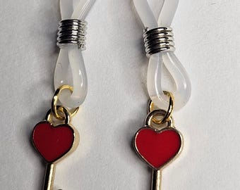 Red Heart Key Eyeglass Charms, Pair with Clear Connector Loops