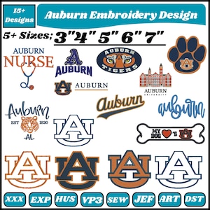 Puede incluir: Una colección digital de diseños de bordado de Auburn University con más de 15 variaciones en tamaños de 3, 4, 5, 6 y 7 pulgadas. Los gráficos incluyen el logotipo de Auburn, la mascota tigre, una huella, un edificio y texto como Auburn Nurse.