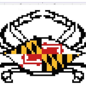 Może przedstawiać: Czarny i żółty krab z czerwoną i żółtą flagą stanu Maryland na grzbiecie. Krab jest w pikselowym stylu.