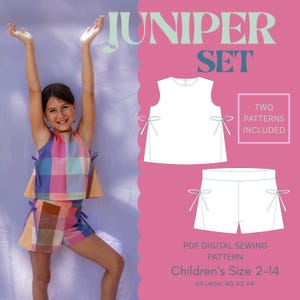 May include: A young girl wearing a colorful plaid top and shorts set with bow details. The image also shows a white top and shorts pattern with the text "JUNIPER SET" and "Children's Size 2-14".