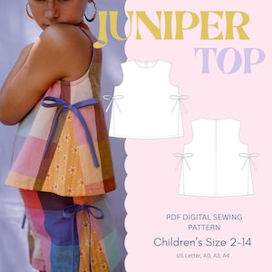 May include: A colorful patchwork top with blue bows, paired with a matching skirt. The image also features a line drawing of a sleeveless top with bow details. Text on the image reads "JUNIPER TOP" and "PDF DIGITAL SEWING PATTERN Children's Size 2-14".