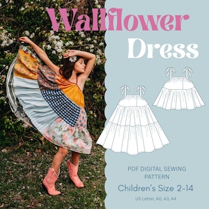Puede incluir: Un vestido patchwork colorido con el texto "Wallflower Dress" y un dibujo lineal del vestido. El vestido lo lleva una niña con botas rosas. También es visible el texto "Children's Size 2-14".