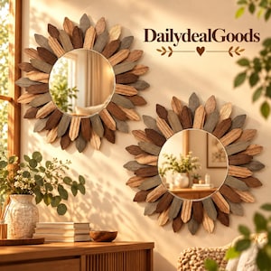 May include: Two circular wall mirrors featuring frames made of layered, pointed wooden slats in varying shades of brown and gray. The text DailydealGoods is printed in black above the mirrors, accompanied by a small heart icon.