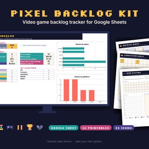 Spårare för eftersläpning av videospel, Google Sheets-mall med spelväljare, utskrivbar spellogg, pixelkonst-spelplanerare, digital nedladdning
