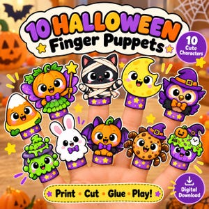 Peut inclure: Un ensemble de 10 marionnettes à doigts d'Halloween avec des personnages mignons comme une citrouille, un chat momie, une lune, un hibou, un bonbon, un fantôme, une araignée et un cupcake. Le texte indique 10 Halloween Finger Puppets.
