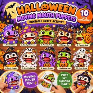 Könnte beinhalten: Eine druckbare Halloween-Bastelaktivität mit 10 beweglichen Mund-Handpuppen, darunter ein Mond, Pilz, Frosch, Eule, Schnecke, Pinguin, Igel, Krake, Dinosaurier und Schaf. Jede Figur hat einen weit geöffneten Mund und festliche Details.