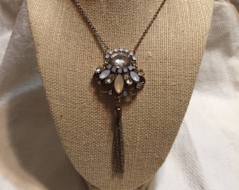 Vintage Rhinestone Pendant: Gold Tassel Necklace