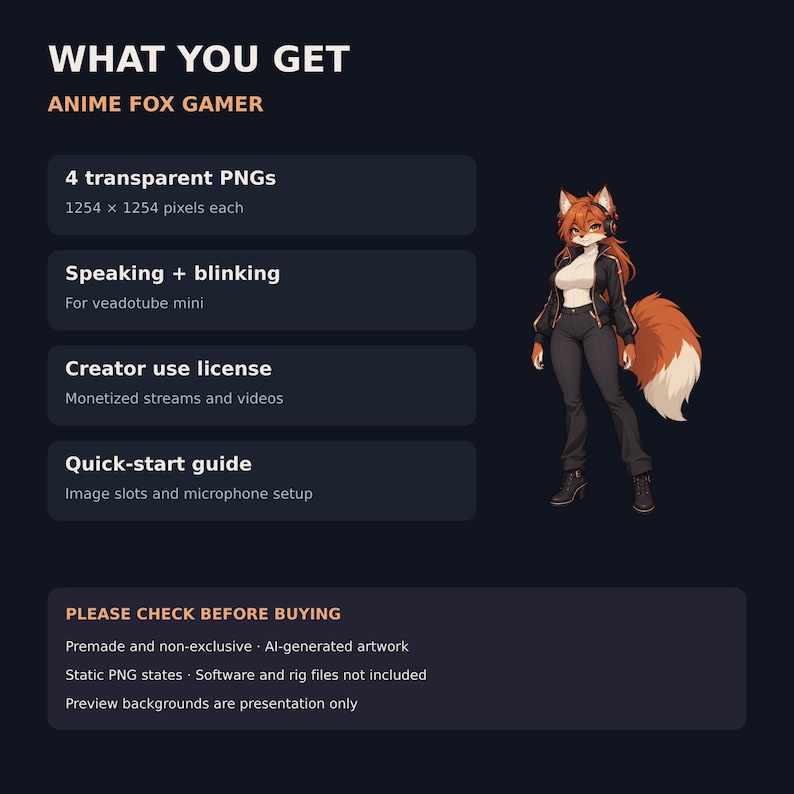 Anime Fox Gamer Pngtuber Avatar, 4 Transparent PNG States for Veadotube ...