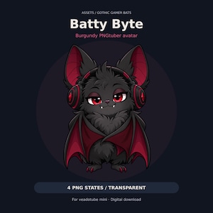 May include: A digital illustration of a fluffy black bat character named Batty Byte, featuring red eyes, small fangs, and red-accented headphones. The bat has burgundy-colored wings and is presented as a PNGtuber avatar with 4 PNG states.