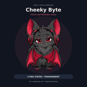May include: A digital illustration of a fluffy black bat character with red eyes, red inner ears, and red wing membranes. The bat wears black and red headphones. Text reads: ASSETS / GOTHIC GAMER BATS, Cheeky Byte, Cherry red PNGtuber avatar, 4 PNG STATES / TRANSPARENT, For veadotube mini, Digital download.