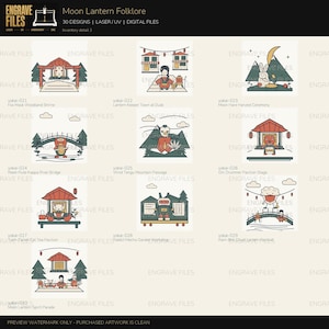Peut inclure: Une collection de fichiers numériques intitulée Moon Lantern Folklore comprenant 30 designs pour laser, UV et broderie. L'image présente dix illustrations carrées de divers personnages et scènes, dont un sanctuaire au masque de renard et un lapin méca.