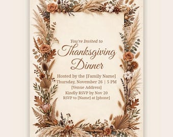 Ensemble d'invitations bohèmes pour Thanksgiving (modèle Canva modifiable), invitation terracotta pour un repas entre amis, carte de remerciement, étiquettes cadeaux, invitation électronique