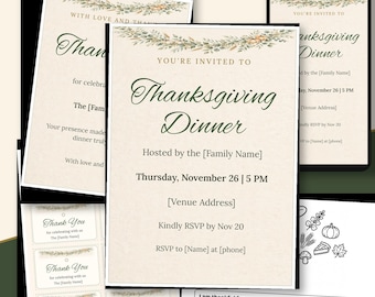 May include: A Thanksgiving dinner invitation set featuring a cream-colored background with a botanical garland of leaves and berries. The text reads You're Invited To Thanksgiving Dinner, hosted by the [Family Name], with placeholders for date, time, address, and RSVP details.