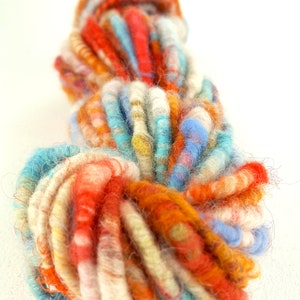Corespun Art Yarn | Handspun & Hand Dyed | Orange Cream Aqua | 100% Wool with Silk Sari Thread