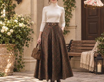Maxi rok van wolmix met ruitpatroon, hoge taille, A-lijn model met tartanprint, vintage wijdvallende swingrok