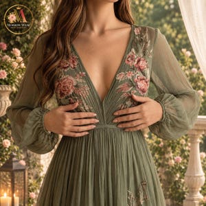 Puede incluir: Un vestido verde salvia de manga larga con un escote en V profundo y un intrincado bordado floral en tonos rosa y crema en el corpi&ntilde;o. La prenda est&aacute; confeccionada en una tela plisada y transparente con pu&ntilde;os fruncidos y falda fluida.