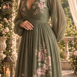 Puede incluir: Un vestido largo de color verde salvia con mangas largas y transparentes tipo obispo, escote en V y cuerpo ajustado con tela fruncida. El vestido est&aacute; adornado con un delicado estampado floral en tonos rosa y blanco que se extiende hasta la falda.