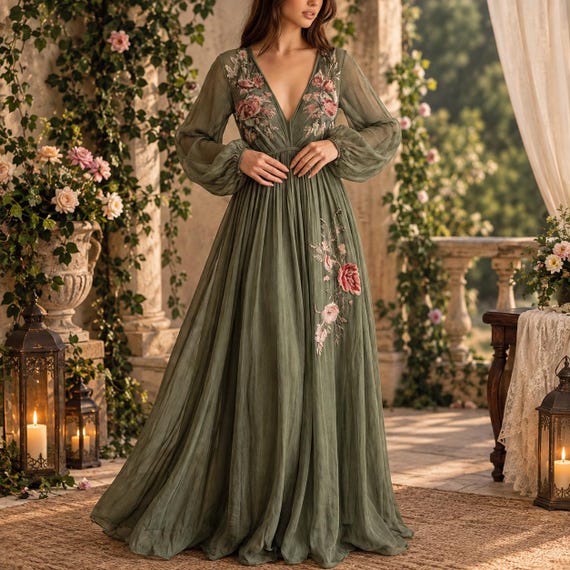 Sage Green Floral Chiffon Maxi Dress, Embroidered V-Neck Gown, Long Sleeve Formal Gown