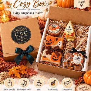 May include: A brown cardboard gift box labeled Mini Halloween Cozy Box containing a pumpkin-patterned candle, a triangular Tea Forte Pumpkin Spice tea box, a jar of raw honey with a wooden dipper, and a bag of sea salt caramels with Halloween socks.