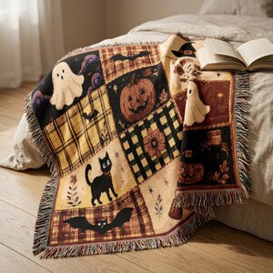 Puede incluir: Una manta tejida con un diseño de patchwork que presenta motivos de Halloween, incluyendo un fantasma blanco, una calabaza naranja tallada, un gato negro y murciélagos negros. La manta tiene un borde con flecos y una paleta de colores negro, naranja y amarillo.