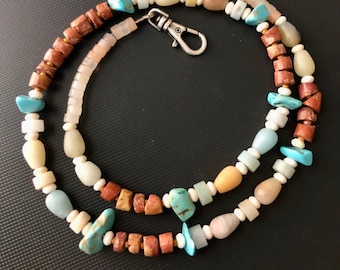 Very old antique African clay pipe bead necklace, natural howlite turquoise, amazonite and rose quartz men women unisex boho hippie beach