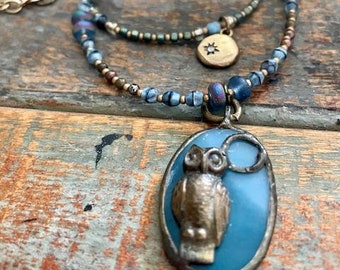 Handmade Owl Pendant Necklace Set: Czech Glass Beads, Star Charm