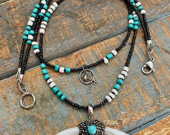 Marcasite Horn Pendant Necklace: Two-Strand Seed Bead Boho Style
