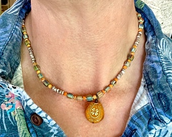 Venetian Gooseberry Bead Necklace: Spiny Oyster Shell, Lucky Horseshoe Charm