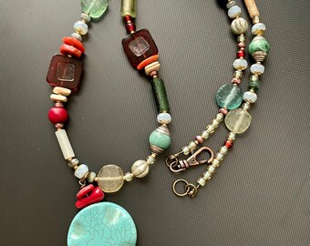 Ancient Roman Glass Pendant Necklace: Red Czech Tiles, Boho Mixed Beads