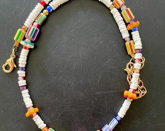 Vintage Venetian Glass Surfer Necklace: White Puka Shell Boho Jewelry