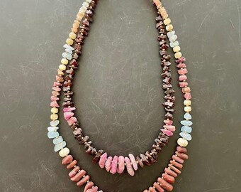 Chunky Gemstone Necklace: Raw Ruby, Garnet, Chalcedony, Sunstone
