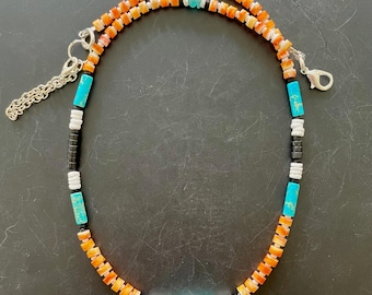 Spiny Oyster Gemstone Necklace: Boho Turquoise & Jasper Wrap Bracelet