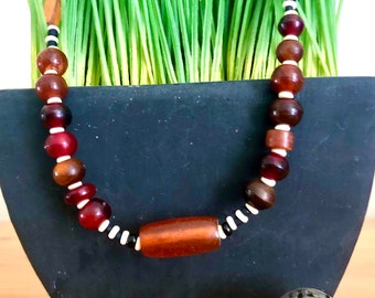 Red Antler Bone Necklace: Unisex Boho Beaded Jewelry