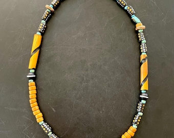 Krobo trade bead necklace, authentic handmade unique small size, black yellow boho gift