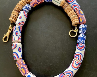 Krobo African Trade Bead Necklace: Recycled Glass Boho Jewelry Handmade White Pink Blue