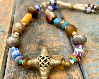 OOAK African Brass Cross Necklace: Mixed Trade Beads, Boho Statement