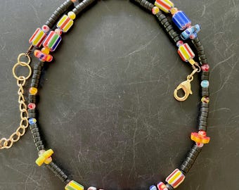 Vintage Venetian Glass Surfer Necklace: Black Jasper Heishi Beads