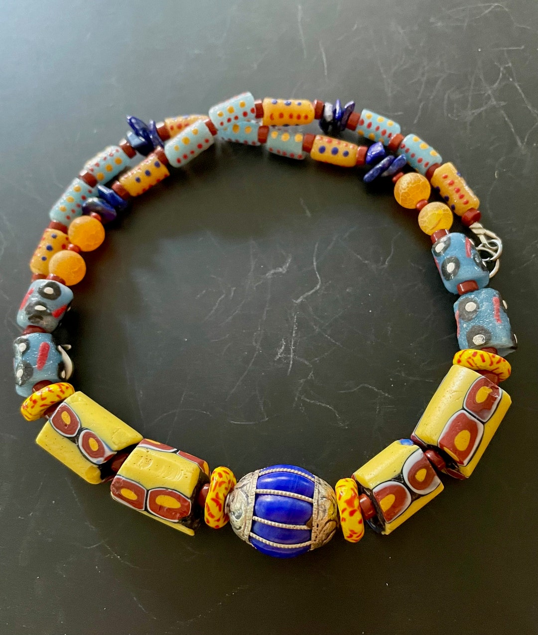 Trade Bead Necklace - Blue/Red/Yellow Multi
