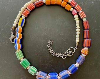 Vintage Chevron Bead Necklace: Multicolor Boho Hippie Collectible