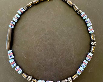 Krobo trade bead necklace, authentic handmade unique small size, black blue boho gift