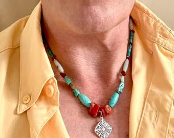 Hubei Turquoise Choker Necklace: Natural Coral & Jasper Accent