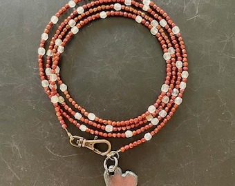 Long Seed Bead Wrap Bracelet: Copper Glass Beads, Rusty Heart Pendant