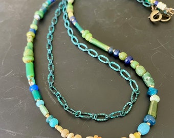 Ancient Roman Bead Necklace: Green Blue Art Glass, Lapis Lazuli