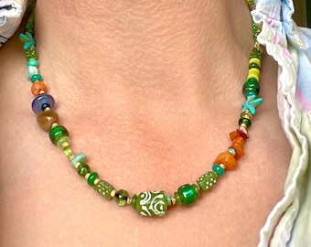 Green Exotic Mixed Bead Necklace with Colorful African Trade Beads – Boho Hippie Style