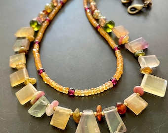Natural Fluorite 2-Strand Necklace: Rare Orange Garnet Accent