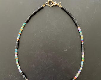 Ethiopian Fire Opal Necklace: Black Jasper Heishi Beads, 18K Gold Clasp
