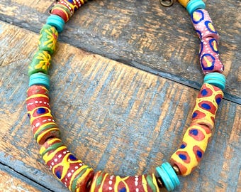 Krobo African Trade Bead Necklace: Recycled Glass Boho Jewelry Handmade Tropical Colors